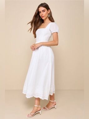 Lulus Stylish Merriment White Puff Sleeve Embroidered Midi Dress S NWT